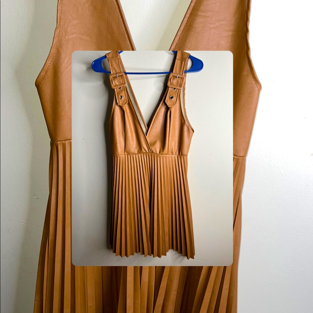 Camel Faux Leather Buckle Detail Pleated Dress